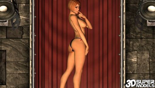 Эротичный стриптиз возле шеста голой грудастой анимированной красотки на 3D